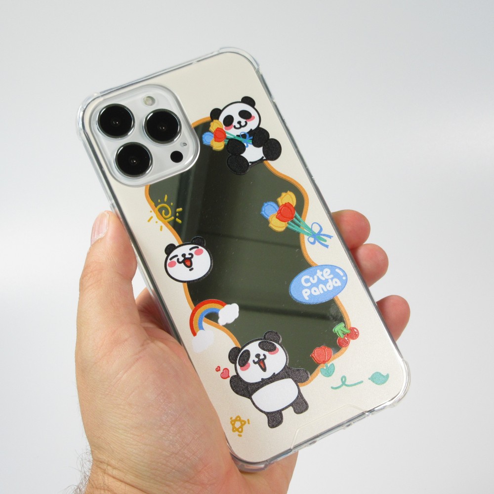 Coque iPhone 13 Pro Max - silicone bumper avec coins renforcés miroir - Cute Panda