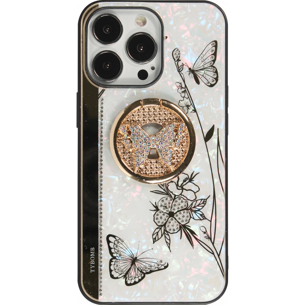 Coque iPhone 13 Pro Max - Nacre papillon strass avec support vidéo - Blanc