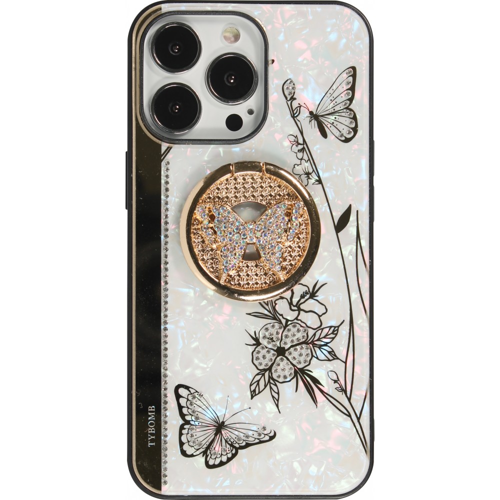 iPhone 13 Pro Case Hülle - Perlmutt Schmetterling Strass mit Videounterstützung - Weiss
