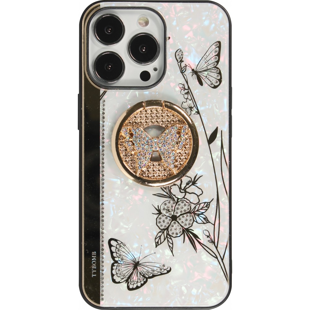 iPhone 13 Pro Max Case Hülle - Perlmutt Schmetterling Strass mit Videounterstützung - Weiss