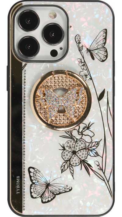 Coque iPhone 13 Pro - Nacre papillon strass avec support vidéo - Blanc