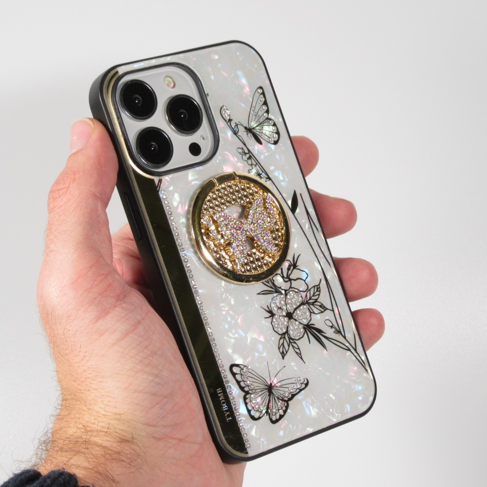 Coque iPhone 13 Pro Max - Nacre papillon strass avec support vidéo - Blanc