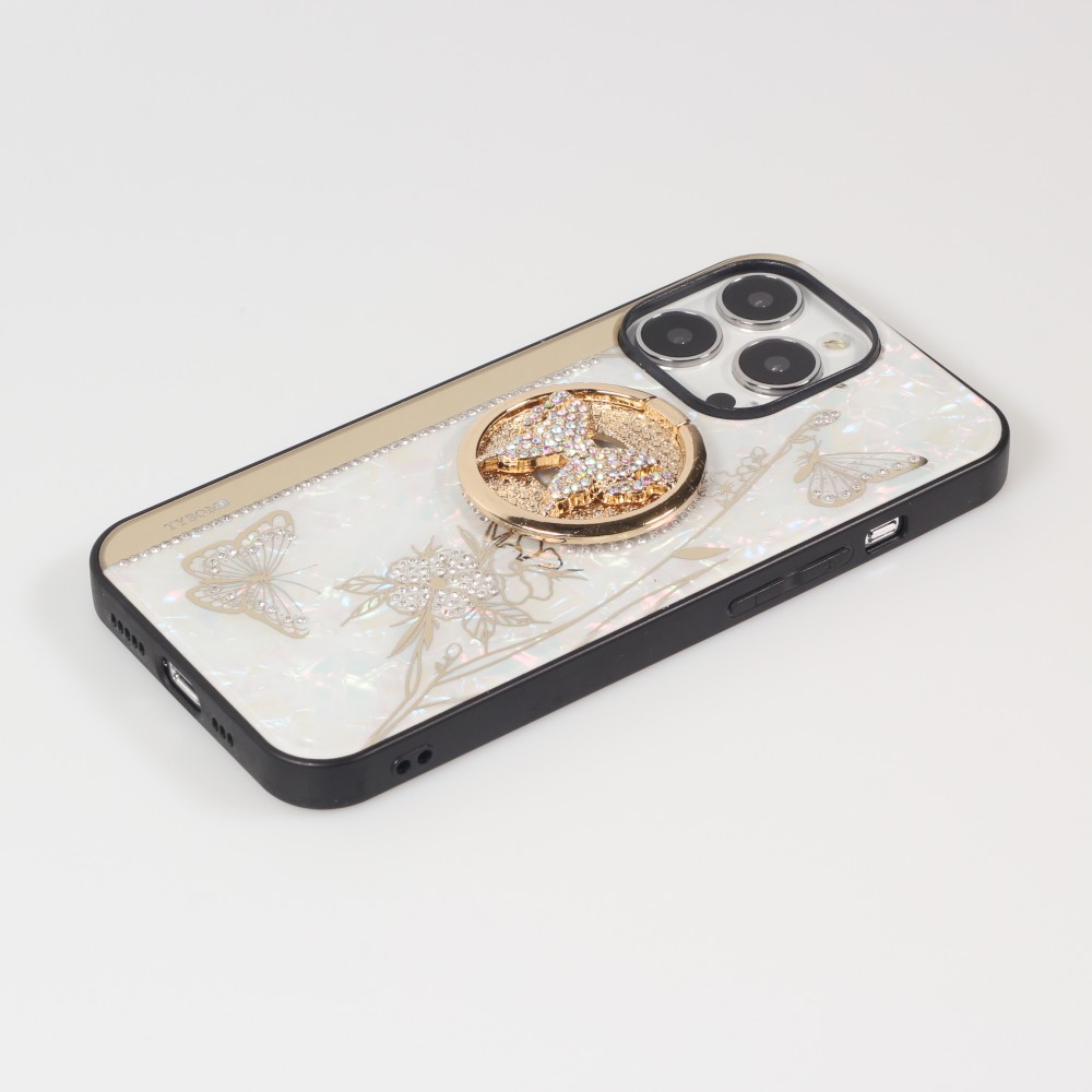 Coque iPhone 13 Pro Max - Nacre papillon strass avec support vidéo - Blanc