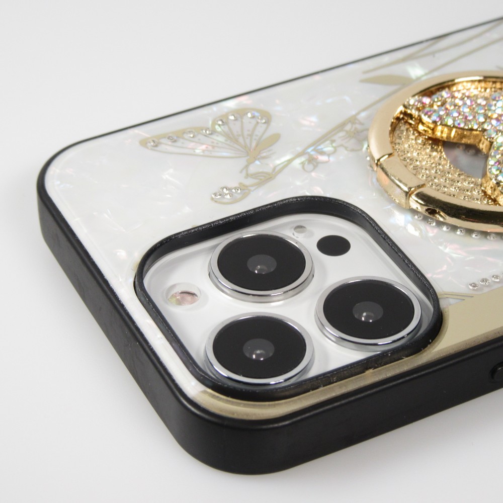 iPhone 13 Pro Case Hülle - Perlmutt Schmetterling Strass mit Videounterstützung - Weiss