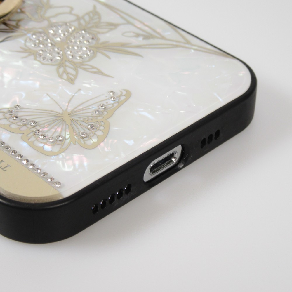 Coque iPhone 13 Pro - Nacre papillon strass avec support vidéo - Blanc