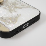 iPhone 13 Pro Case Hülle - Perlmutt Schmetterling Strass mit Videounterstützung - Weiss