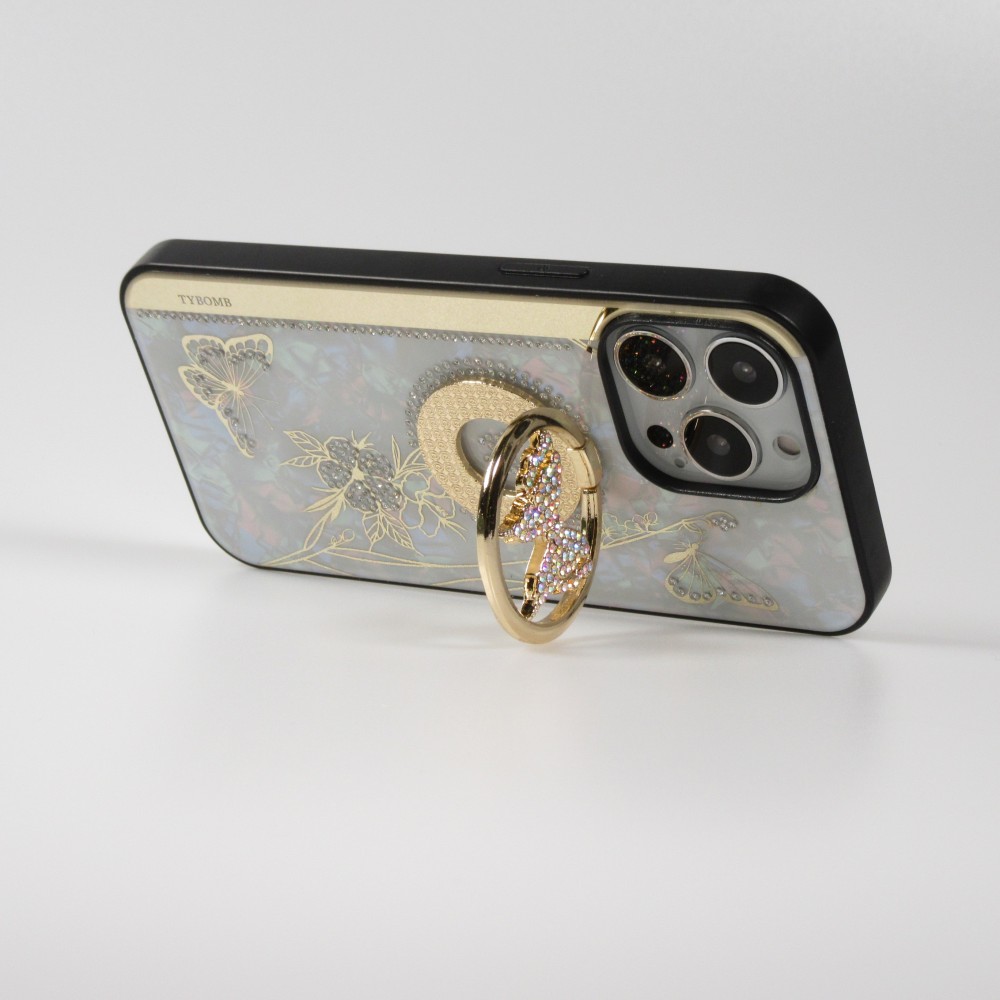 iPhone 13 Pro Case Hülle - Perlmutt Schmetterling Strass mit Videounterstützung - Weiss