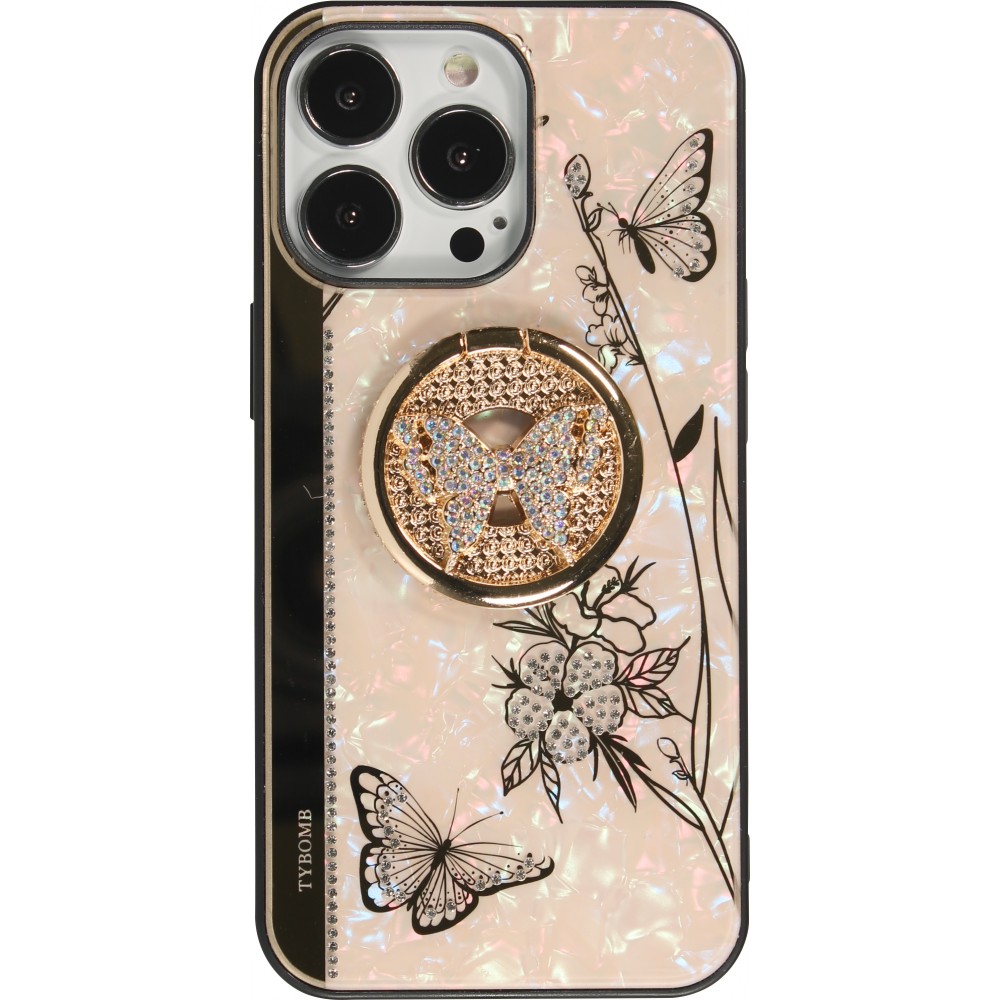 iPhone 13 Pro Max Case Hülle - Perlmutt Schmetterling Strass mit Videounterstützung - Rosa