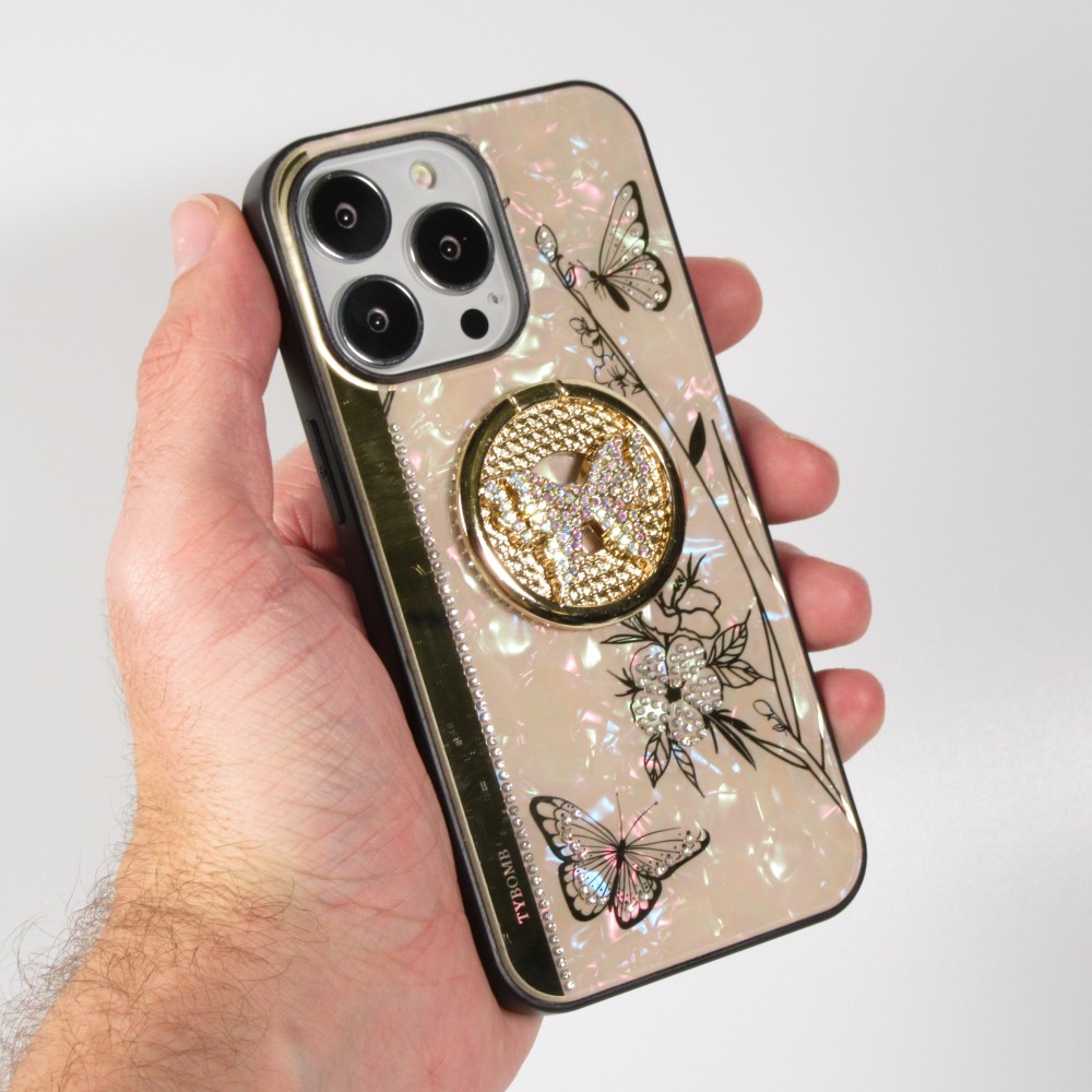 iPhone 13 Pro Case Hülle - Perlmutt Schmetterling Strass mit Videounterstützung - Rosa