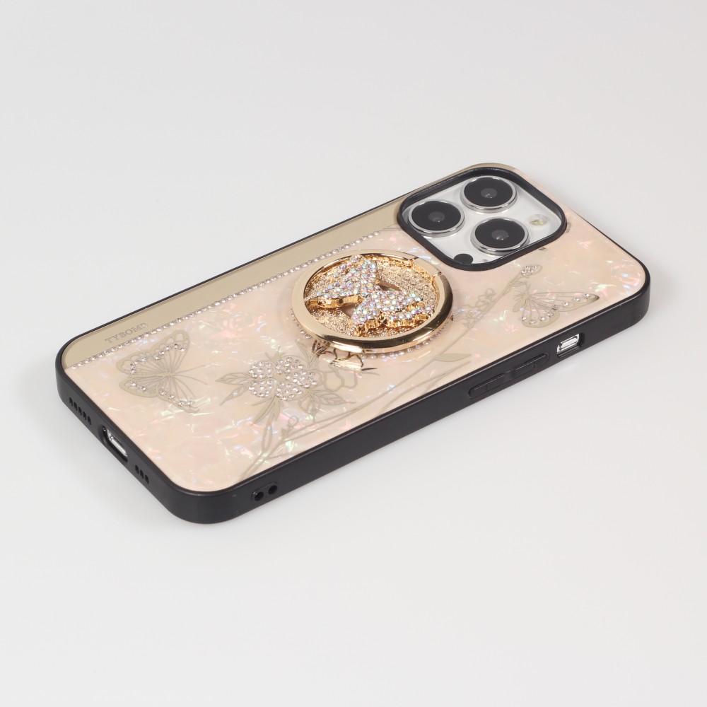 iPhone 13 Pro Max Case Hülle - Perlmutt Schmetterling Strass mit Videounterstützung - Rosa