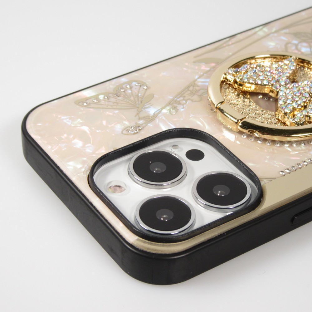 iPhone 13 Pro Case Hülle - Perlmutt Schmetterling Strass mit Videounterstützung - Rosa