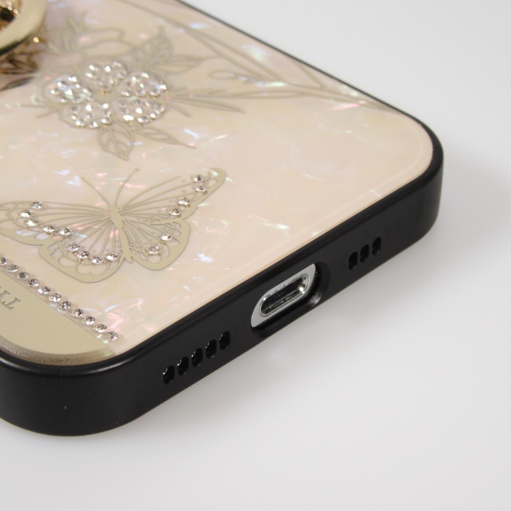 Coque iPhone 13 Pro Max - Nacre papillon strass avec support vidéo - Rose
