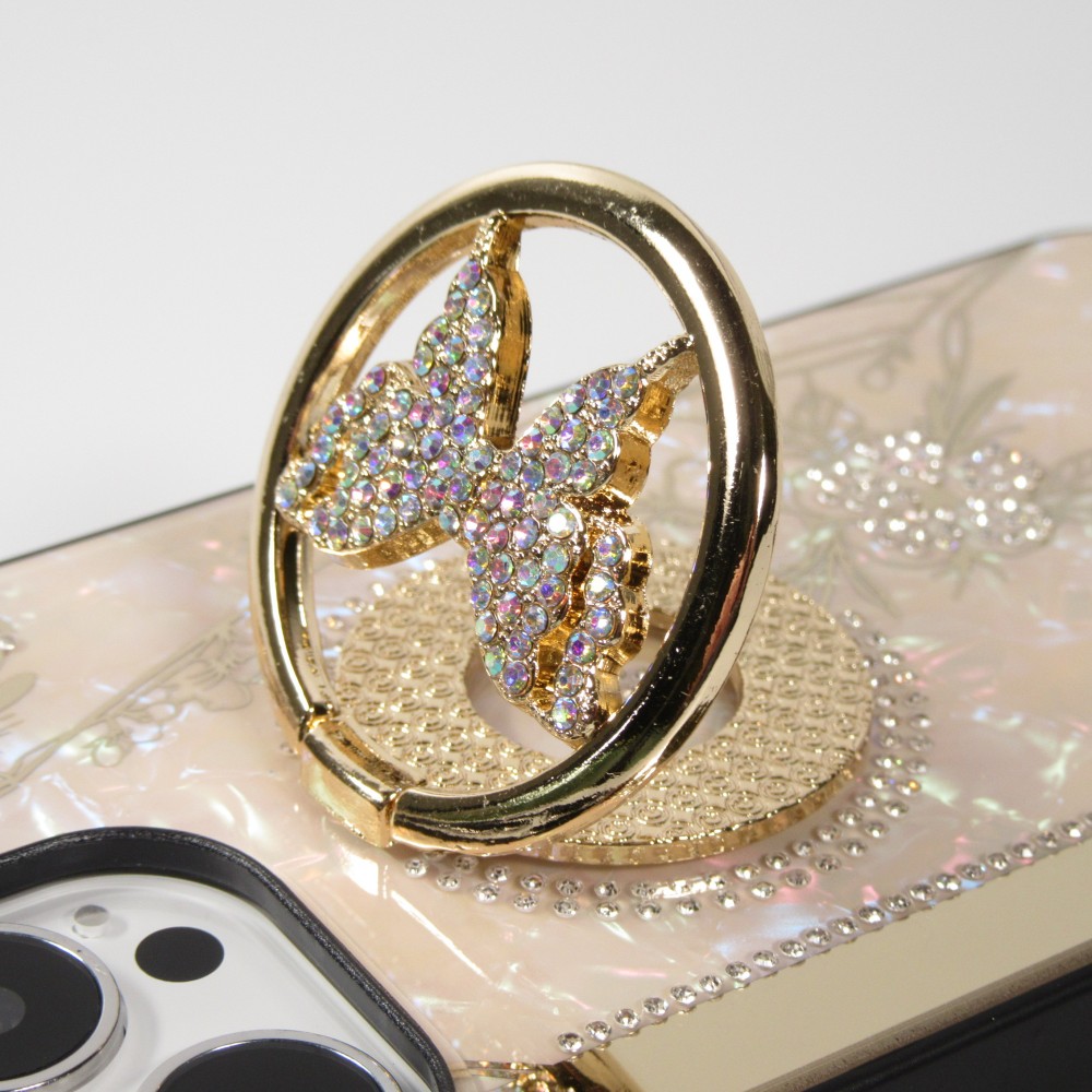 iPhone 13 Pro Case Hülle - Perlmutt Schmetterling Strass mit Videounterstützung - Rosa