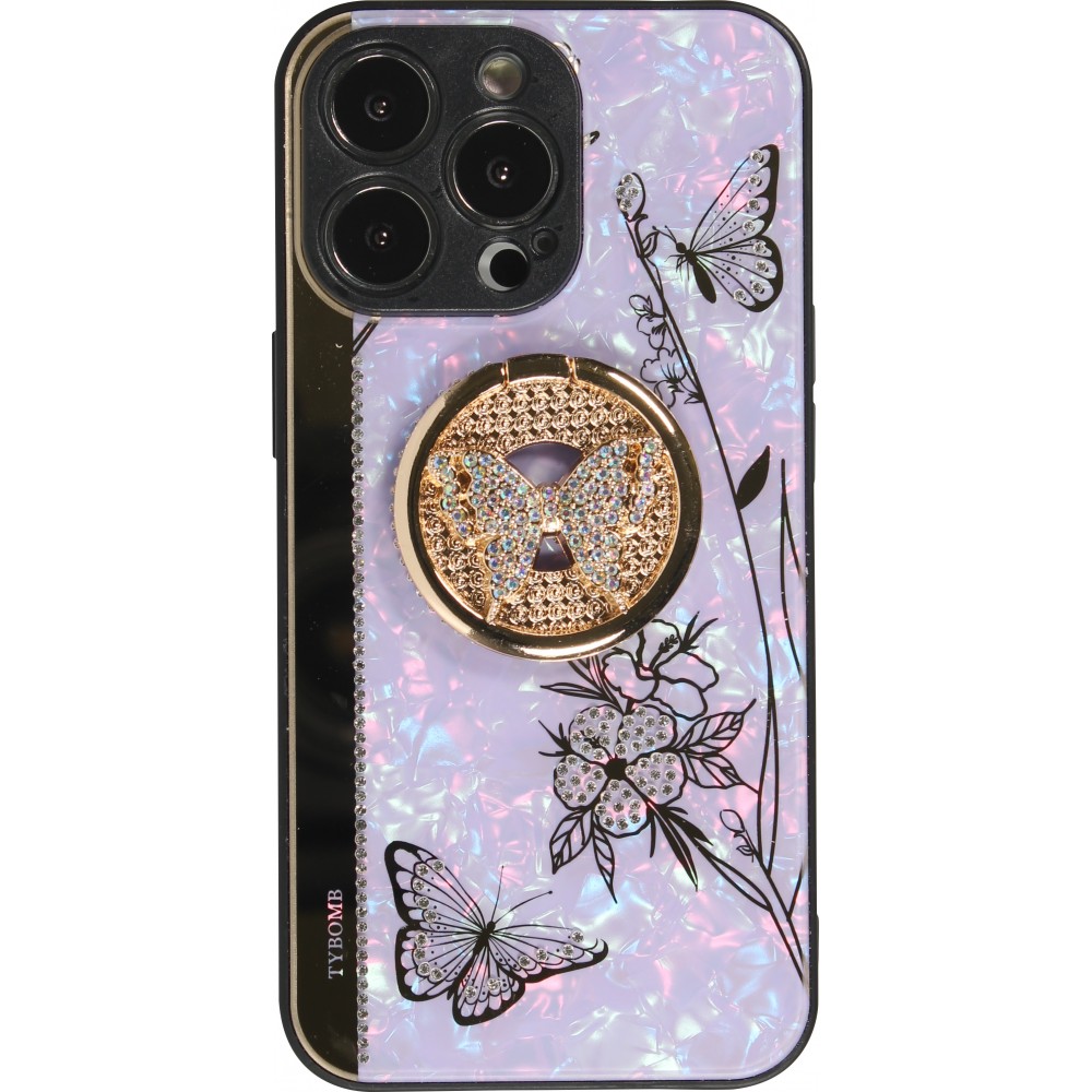 Coque iPhone 13 Pro Max - Nacre papillon strass avec support vidéo - Violet