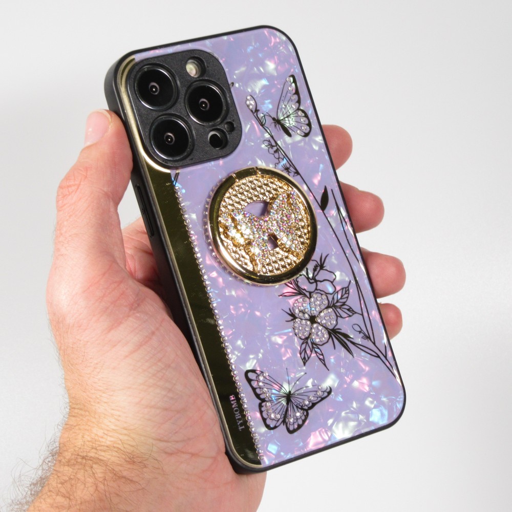 Coque iPhone 13 Pro Max - Nacre papillon strass avec support vidéo - Violet