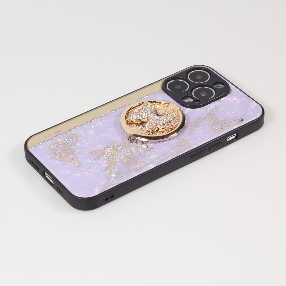 iPhone 13 Pro Case Hülle - Perlmutt Schmetterling Strass mit Videounterstützung - Violett