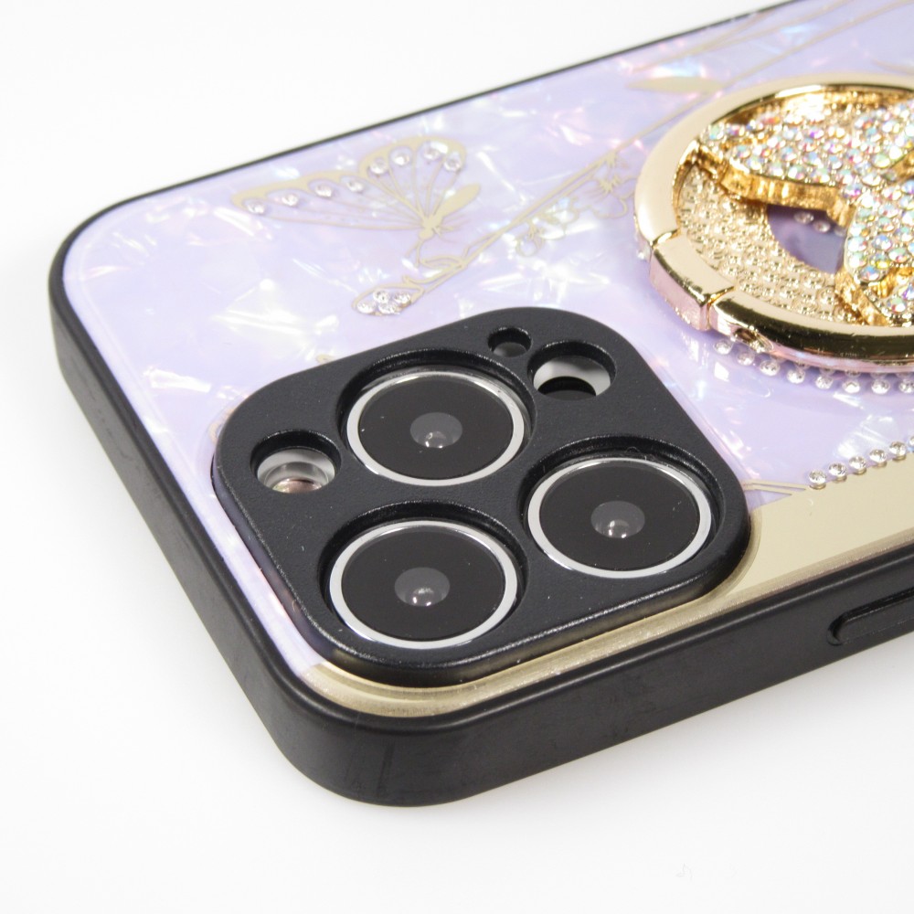 iPhone 13 Pro Case Hülle - Perlmutt Schmetterling Strass mit Videounterstützung - Violett