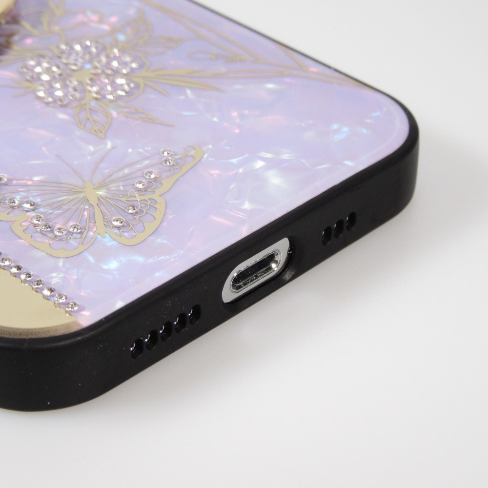 iPhone 13 Pro Case Hülle - Perlmutt Schmetterling Strass mit Videounterstützung - Violett
