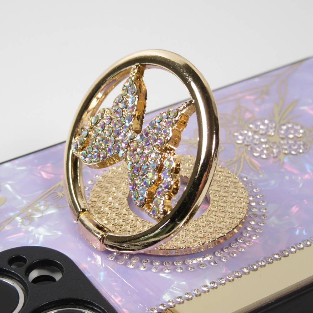 iPhone 13 Pro Case Hülle - Perlmutt Schmetterling Strass mit Videounterstützung - Violett