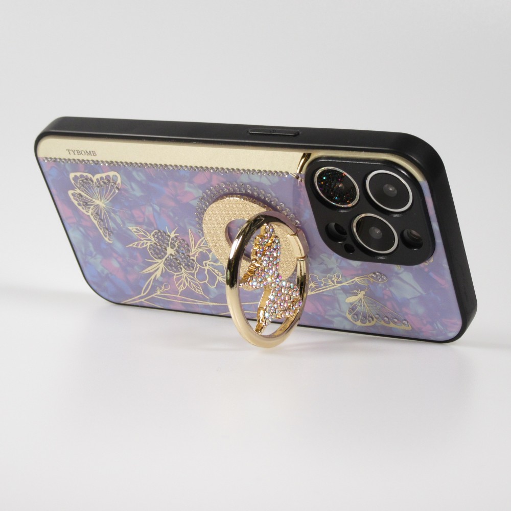 Coque iPhone 13 Pro Max - Nacre papillon strass avec support vidéo - Violet