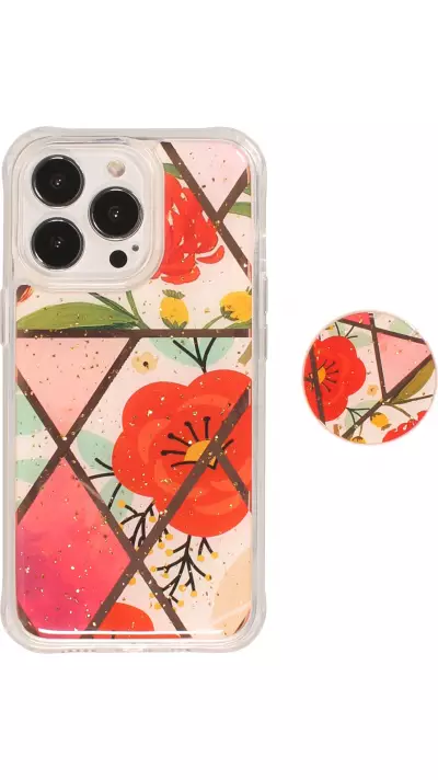 Coque iPhone 13 Pro - Silicone Gel stripes géométriques avec support de doigt à 3 positions - Flowers - Rouge