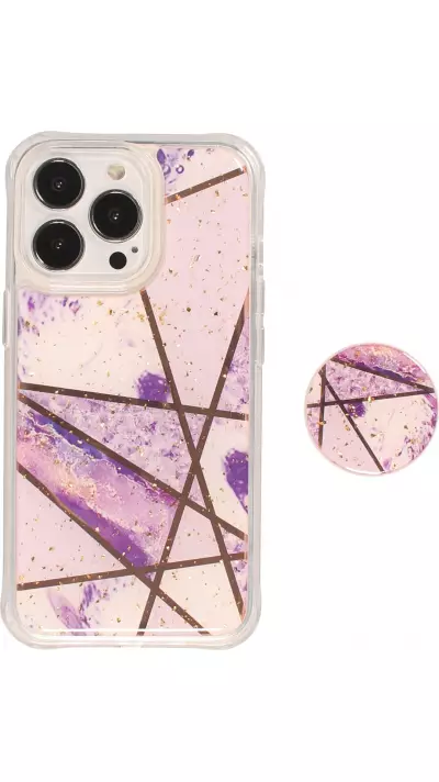 Coque iPhone 13 Pro - Silicone Gel stripes géométriques avec support de doigt à 3 positions - Galaxy - Violet clair