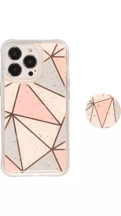 Coque iPhone 13 Pro - Silicone Gel stripes géométriques avec support de doigt à 3 positions - Glitter - Pastel