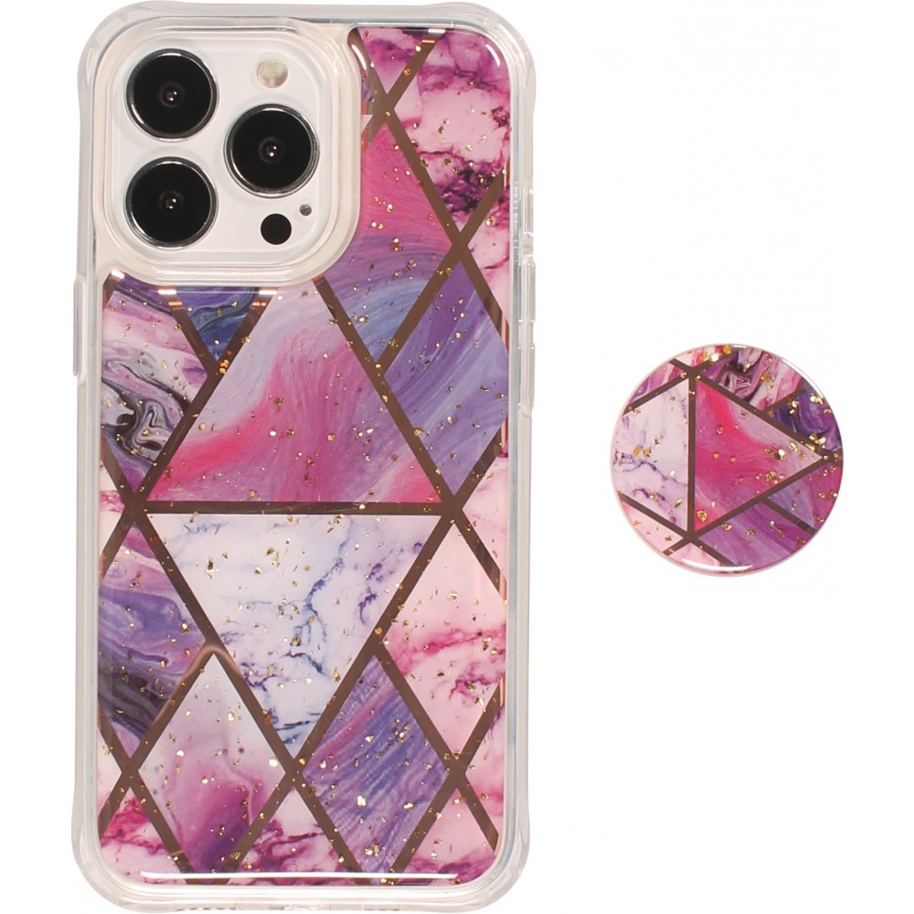 Coque iPhone 13 Pro - Silicone Gel stripes géométriques avec support de doigt à 3 positions - Liquid - Violet