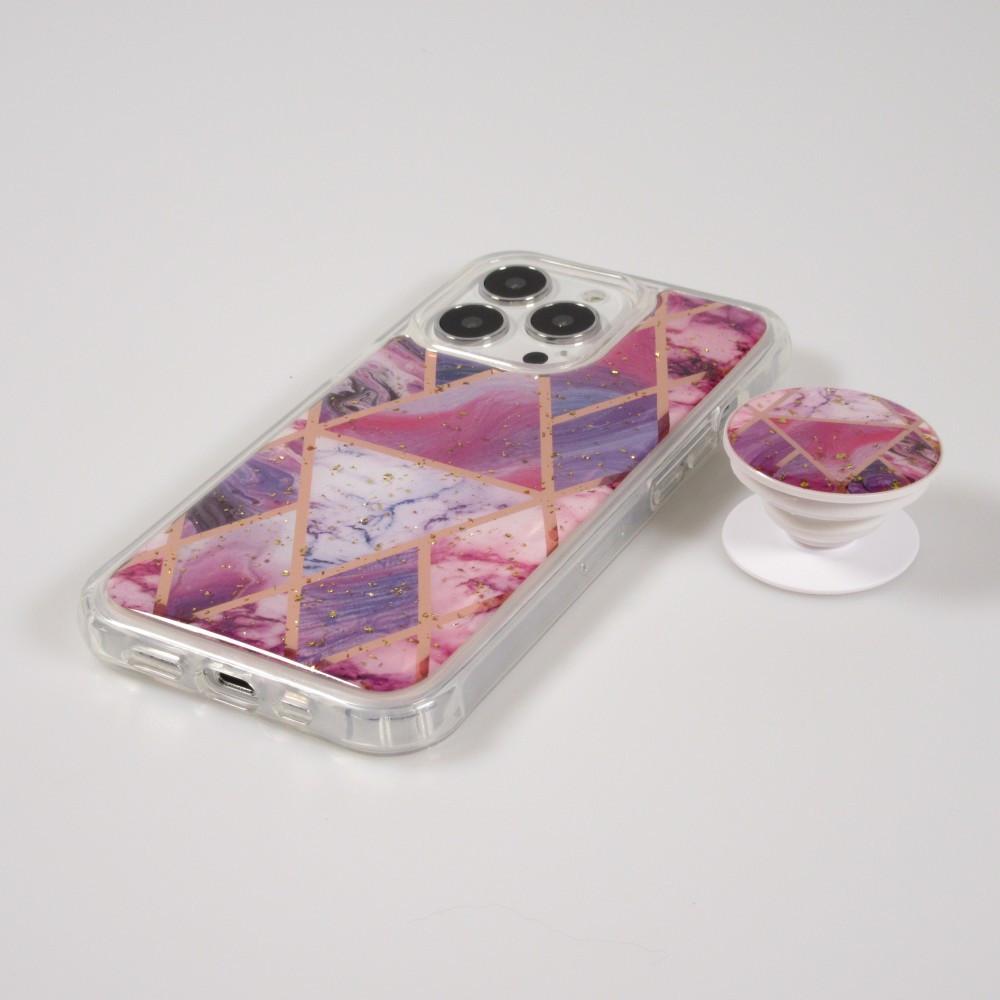 Coque iPhone 13 Pro - Silicone Gel stripes géométriques avec support de doigt à 3 positions - Liquid - Violet