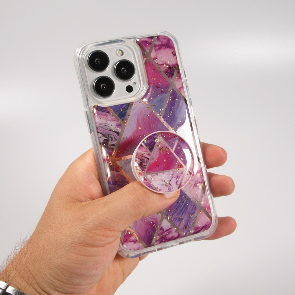 Coque iPhone 13 Pro - Silicone Gel stripes géométriques avec support de doigt à 3 positions - Liquid - Violet