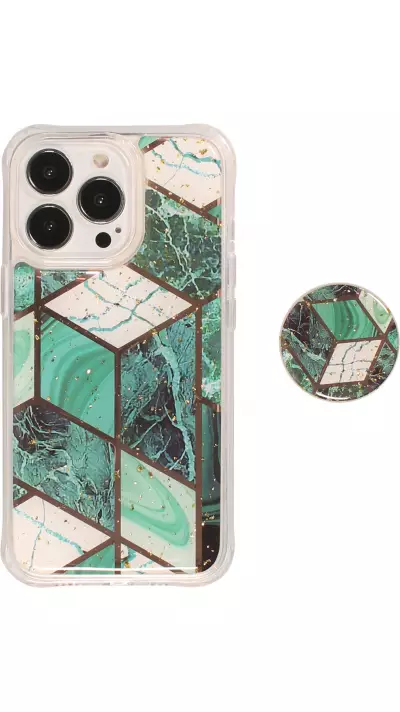 Coque iPhone 13 Pro - Silicone Gel stripes géométriques avec support de doigt à 3 positions - Marble - Turquoise
