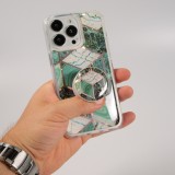 Coque iPhone 13 Pro - Silicone Gel stripes géométriques avec support de doigt à 3 positions - Marble - Turquoise