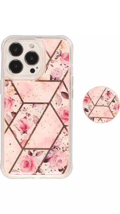 Coque iPhone 13 Pro - Silicone Gel stripes géométriques avec support de doigt à 3 positions - Roses - Rose