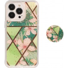 Coque iPhone 13 Pro - Silicone Gel stripes géométriques avec support de doigt à 3 positions - Spring Flowers - Vert