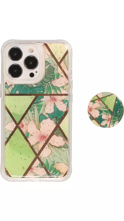 Coque iPhone 13 Pro - Silicone Gel stripes géométriques avec support de doigt à 3 positions - Spring Flowers - Vert