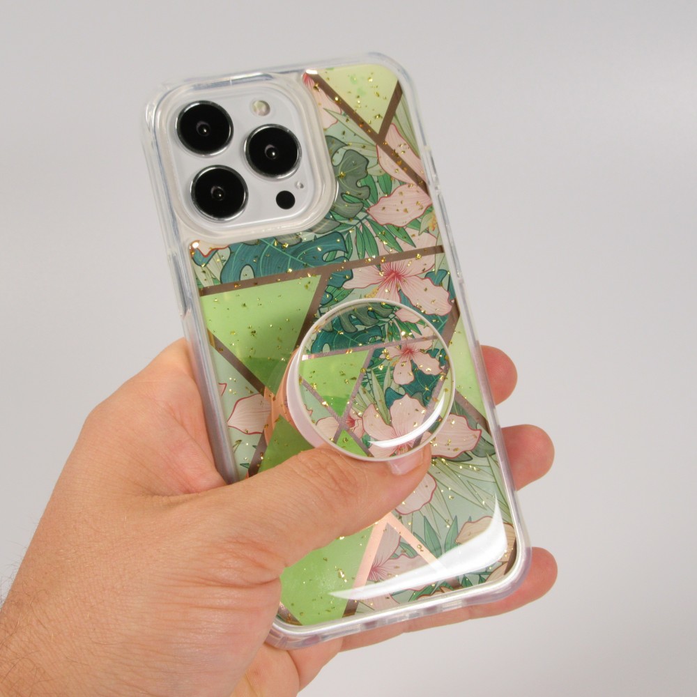 Coque iPhone 13 Pro - Silicone Gel stripes géométriques avec support de doigt à 3 positions - Spring Flowers - Vert
