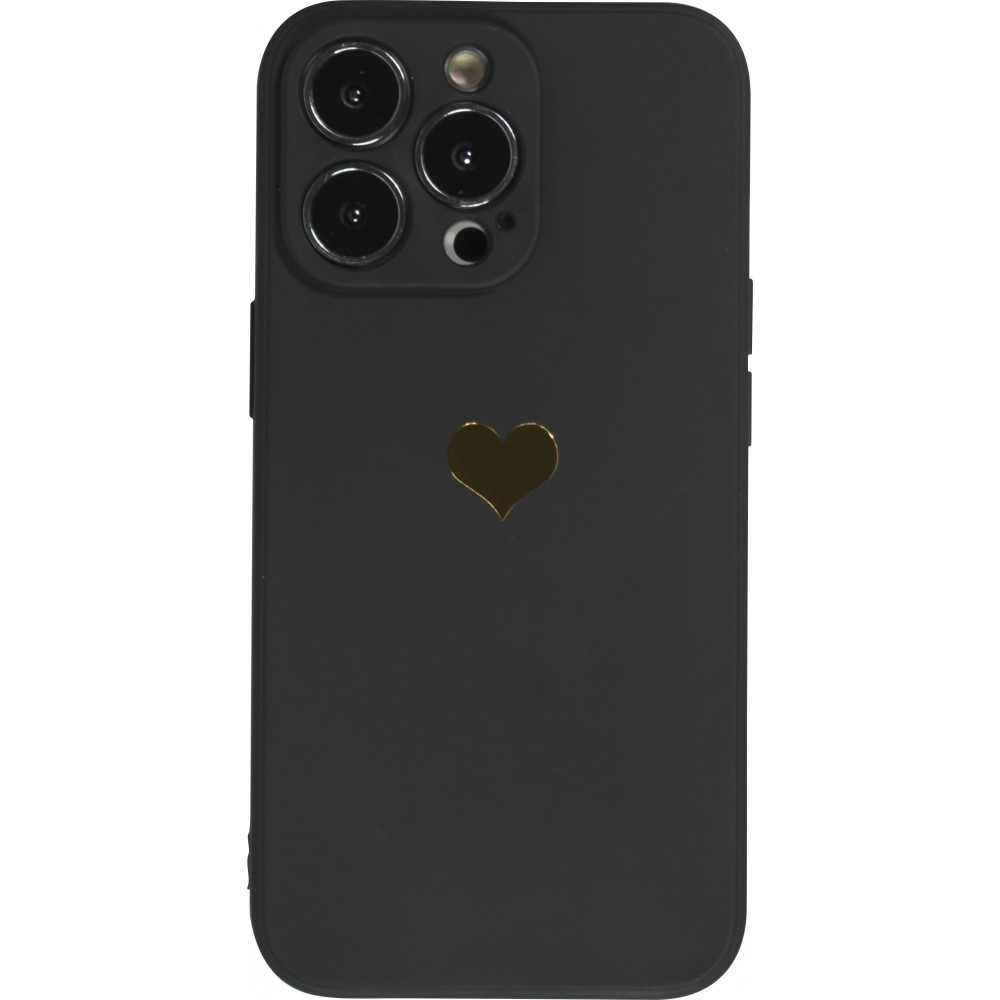 Coque iPhone 13 Pro Max - Silicone Mat Coeur doré - Noir