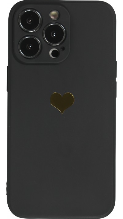 Coque iPhone 13 Pro Max - Silicone Mat Coeur doré - Noir