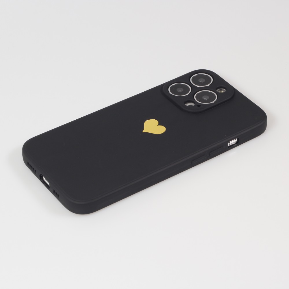 Coque iPhone 13 Pro Max - Silicone Mat Coeur doré - Noir