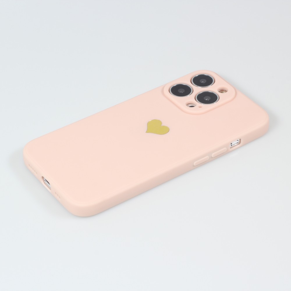 Coque iPhone 13 Pro Max - Silicone Mat Coeur doré - Rose