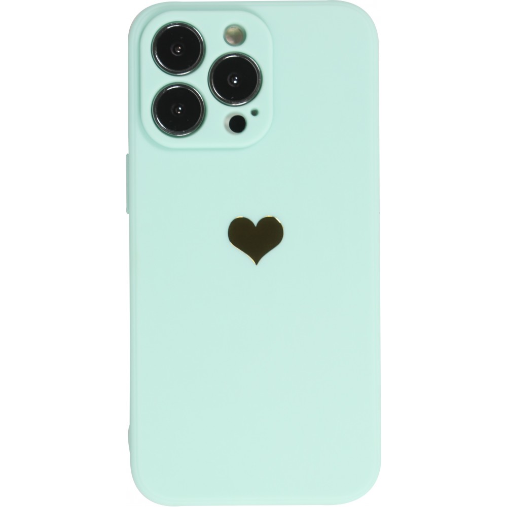 Coque iPhone 13 Pro - Silicone Mat Coeur doré - Turquoise