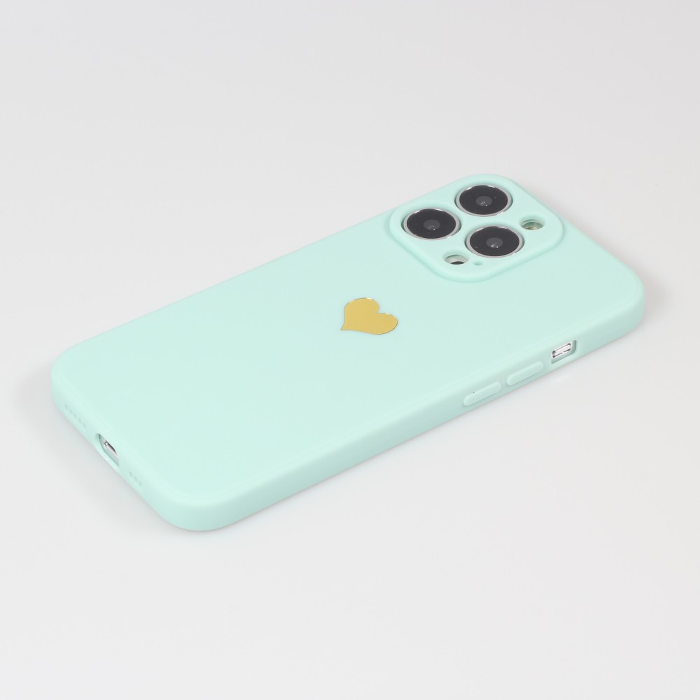 Coque iPhone 13 Pro - Silicone Mat Coeur doré - Turquoise