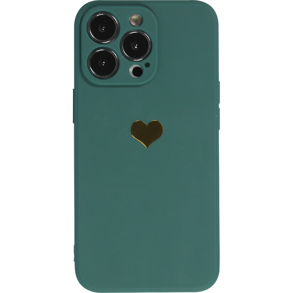 Coque iPhone 13 Pro Max - Silicone Mat Coeur doré - Vert foncé