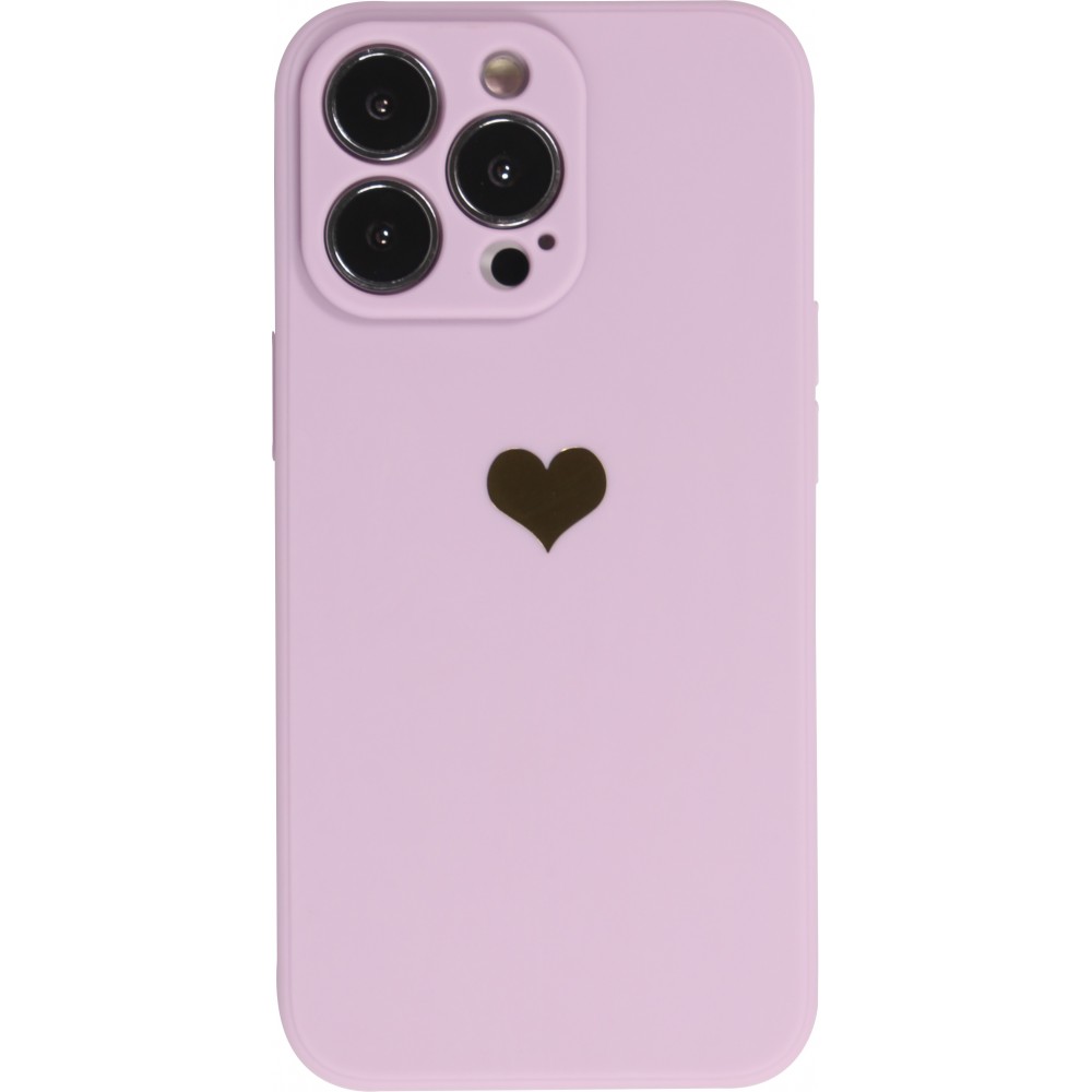 Coque iPhone 13 Pro Max - Silicone Mat Coeur doré - Violet