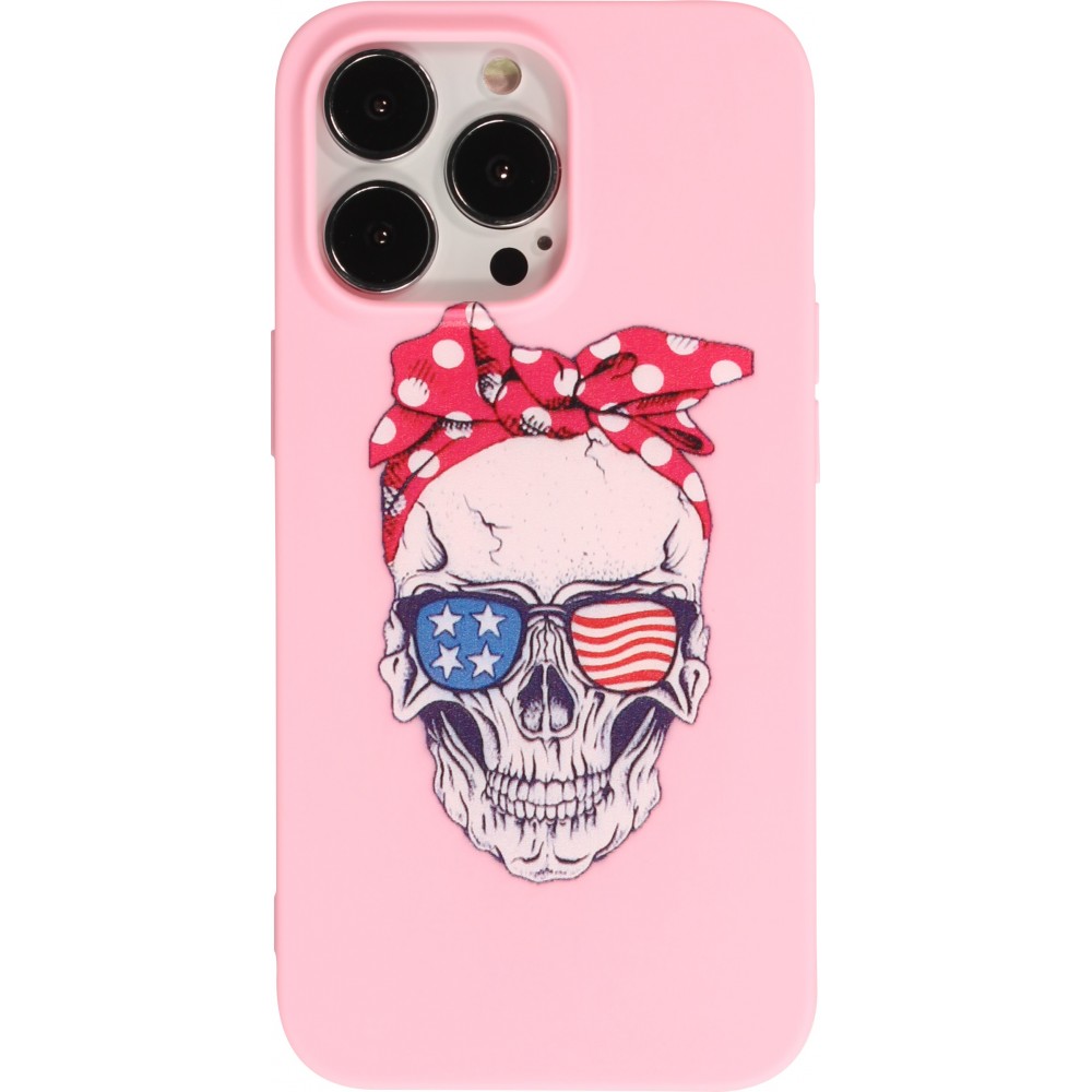 Hülle iPhone 13 Pro Max - Silikonmatte Skull USA - Rosa