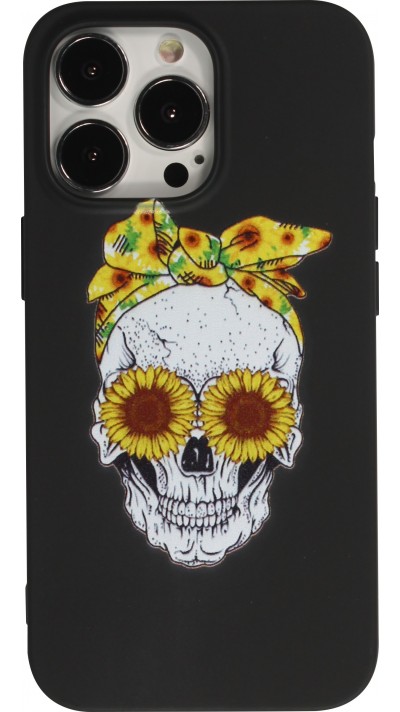 Coque iPhone 13 Pro - Silicone Mat Skull flowers - Noir