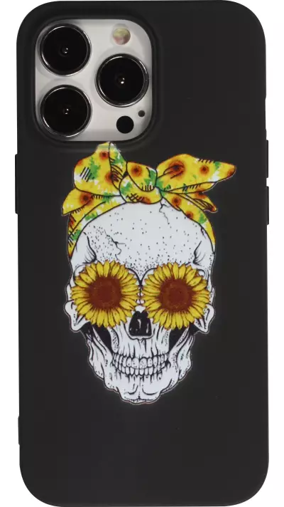 Coque iPhone 13 Pro - Silicone Mat Skull flowers - Noir