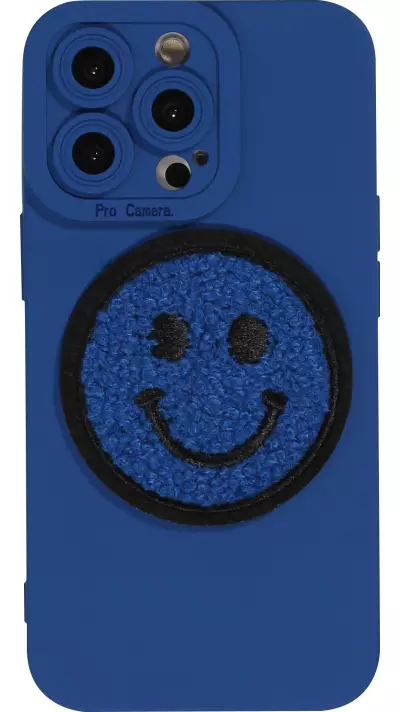 Coque iPhone 13 Pro - Silicone avec batch smiley et protection de la caméra - Bleu foncé