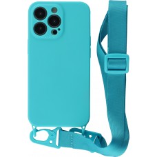 Coque iPhone 13 Pro Max - Silicone avec lanière et crochet - Bleu clair