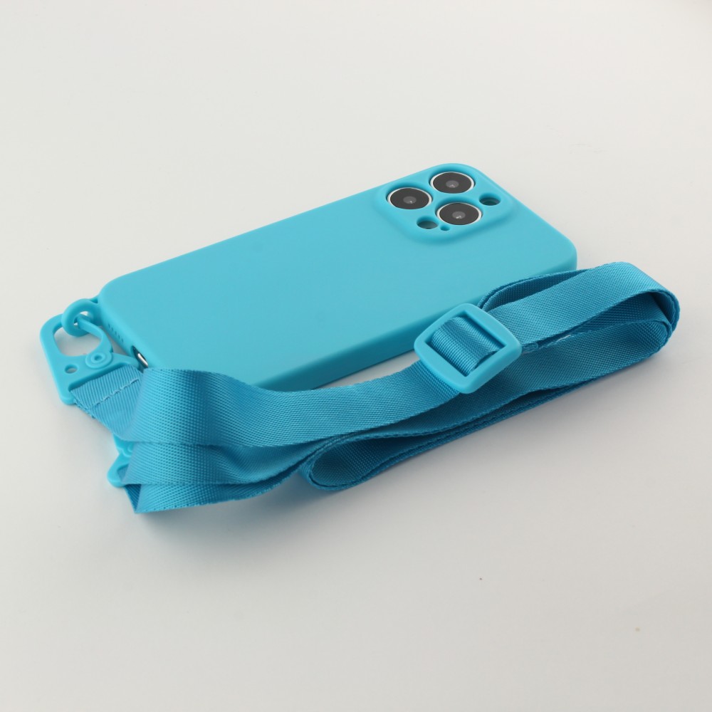 iPhone 13 Pro Case Hülle - Silikon mit Kordel und Haken - Hellblau